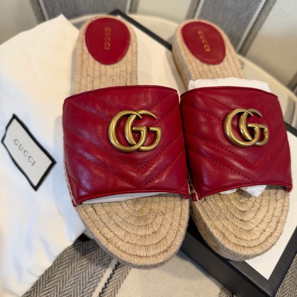 Gucci Red Leather Espadrille Slides with Gold Logo